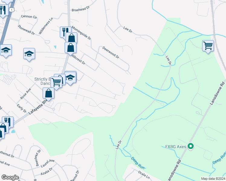 map of restaurants, bars, coffee shops, grocery stores, and more near 183 Longstreet Avenue in Fredericksburg