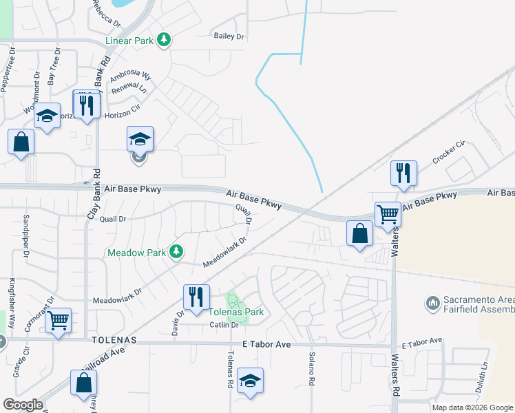 map of restaurants, bars, coffee shops, grocery stores, and more near 2324 Baldwin Court in Fairfield