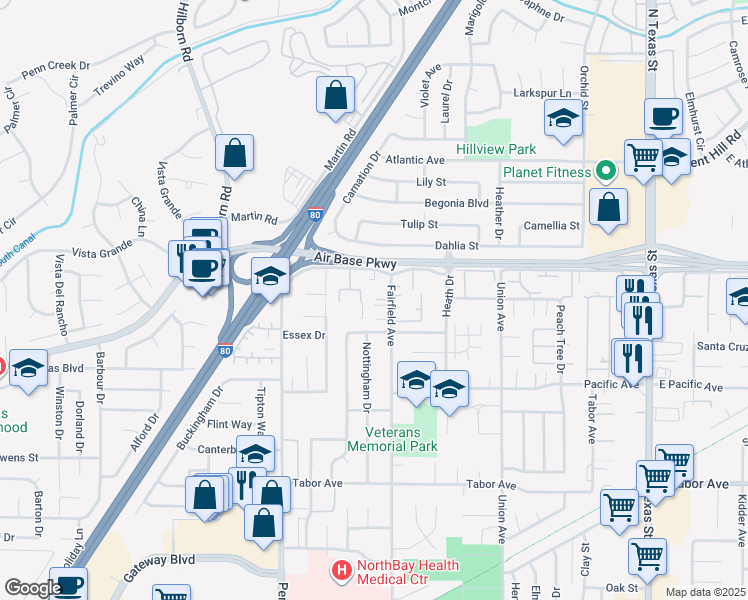 map of restaurants, bars, coffee shops, grocery stores, and more near 2323 Fairfield Avenue in Fairfield