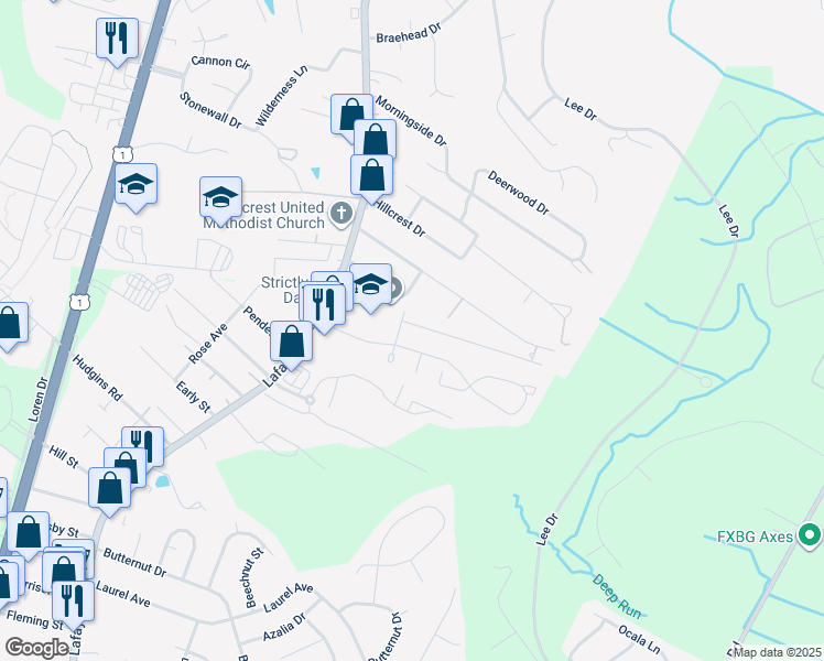 map of restaurants, bars, coffee shops, grocery stores, and more near 139 Farrell Lane in Fredericksburg