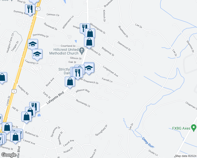 map of restaurants, bars, coffee shops, grocery stores, and more near 139 Farrell Lane in Fredericksburg