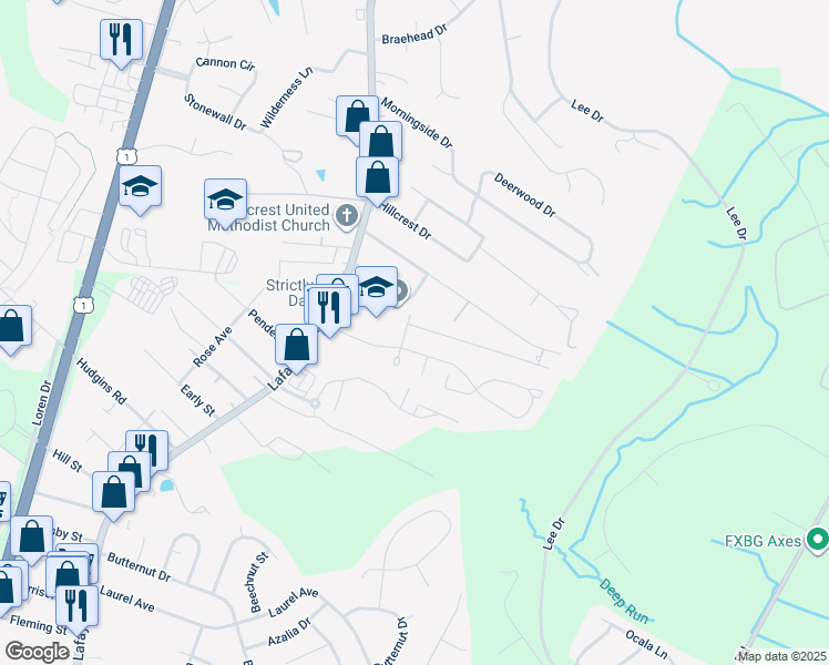 map of restaurants, bars, coffee shops, grocery stores, and more near 135 Farrell Lane in Fredericksburg