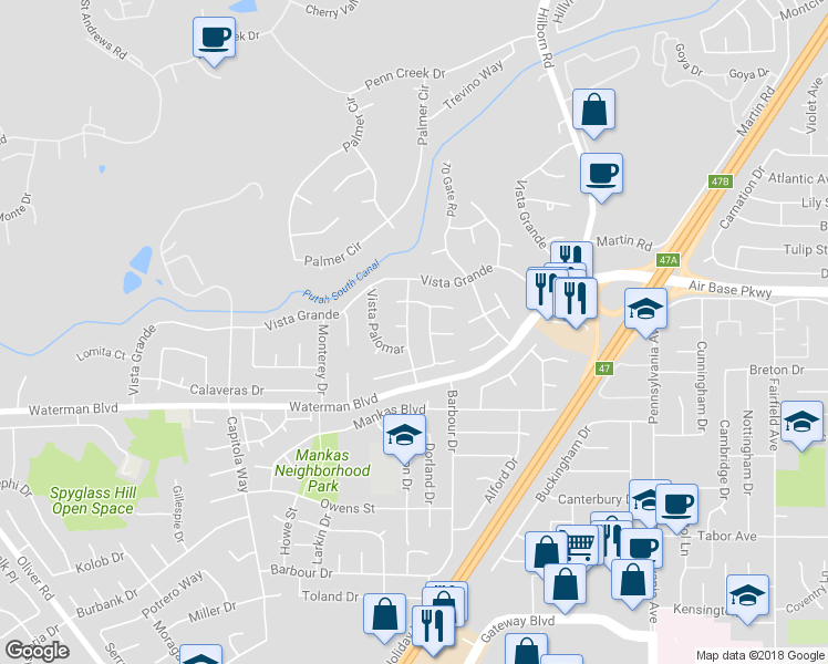 map of restaurants, bars, coffee shops, grocery stores, and more near 2156 Vista Del Rancho in Fairfield