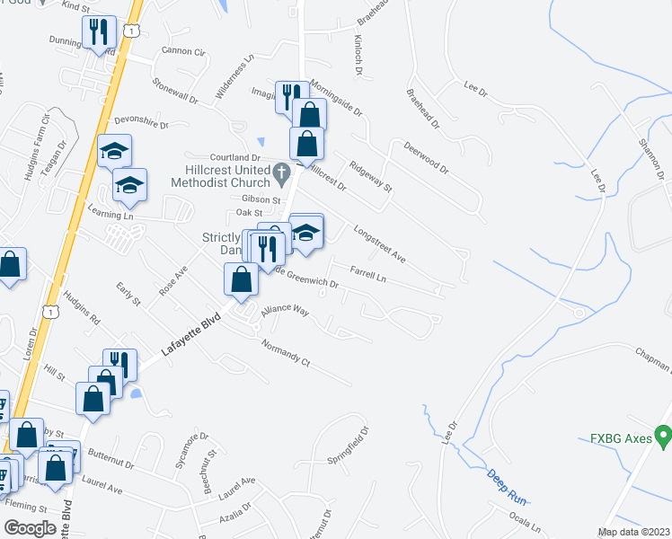 map of restaurants, bars, coffee shops, grocery stores, and more near 135 Farrell Lane in Fredericksburg