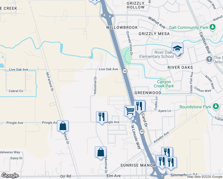 map of restaurants, bars, coffee shops, grocery stores, and more near 940 North Lincoln Way in Galt