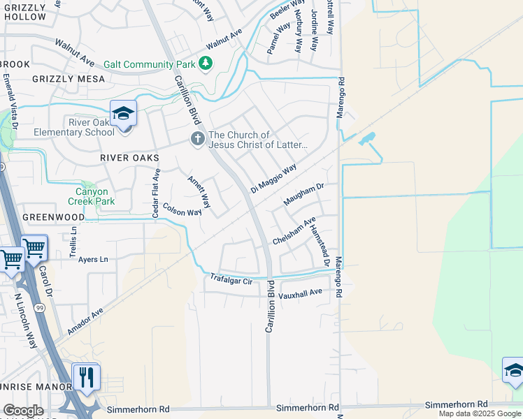 map of restaurants, bars, coffee shops, grocery stores, and more near 1095 Maugham Court in Galt