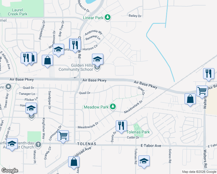 map of restaurants, bars, coffee shops, grocery stores, and more near 2347 Ross Court in Fairfield