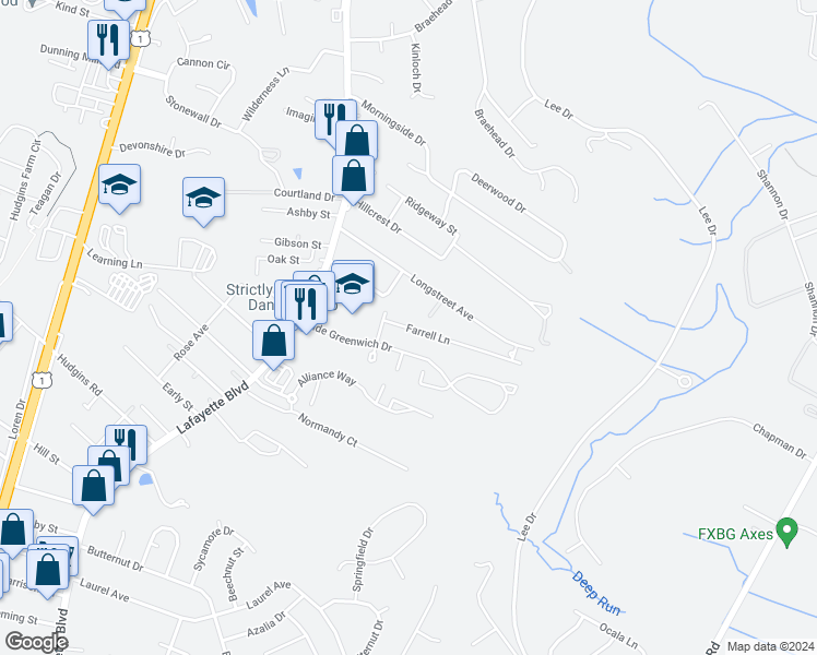 map of restaurants, bars, coffee shops, grocery stores, and more near 87 Farrell Lane in Fredericksburg