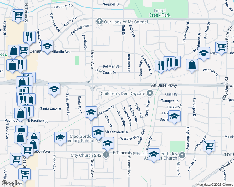 map of restaurants, bars, coffee shops, grocery stores, and more near 177 Del Sur Court in Fairfield