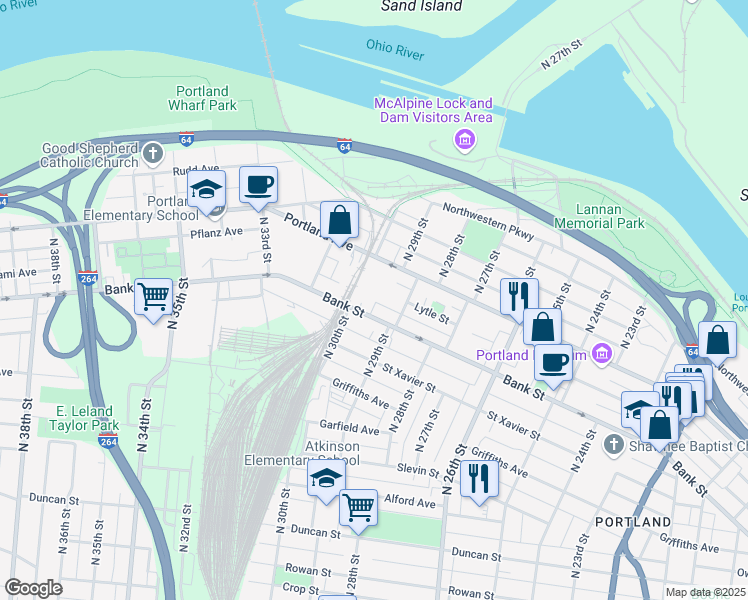 map of restaurants, bars, coffee shops, grocery stores, and more near 2916 Portland Avenue in Louisville