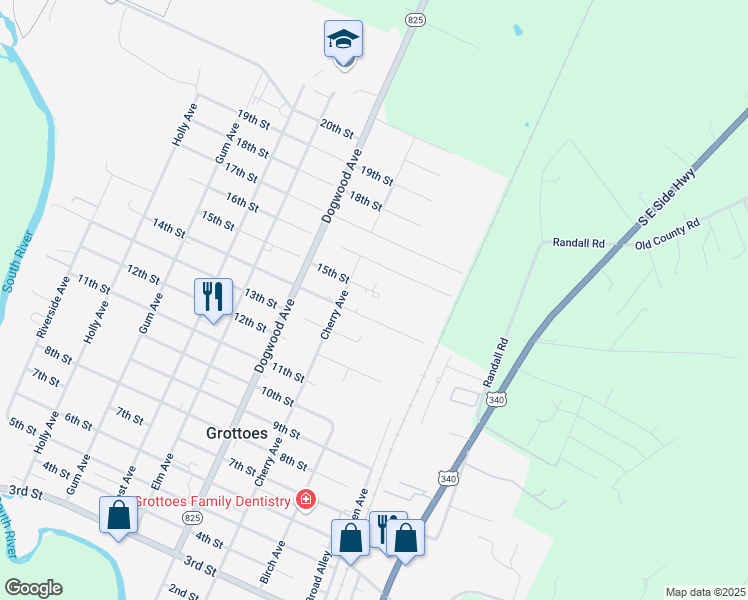 map of restaurants, bars, coffee shops, grocery stores, and more near 203 15th Street in Grottoes