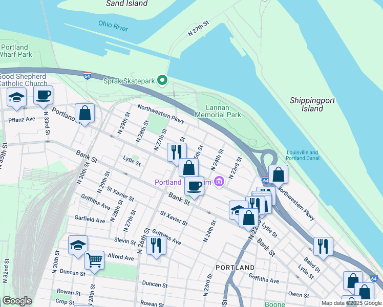 map of restaurants, bars, coffee shops, grocery stores, and more near 2506 Montgomery Street in Louisville