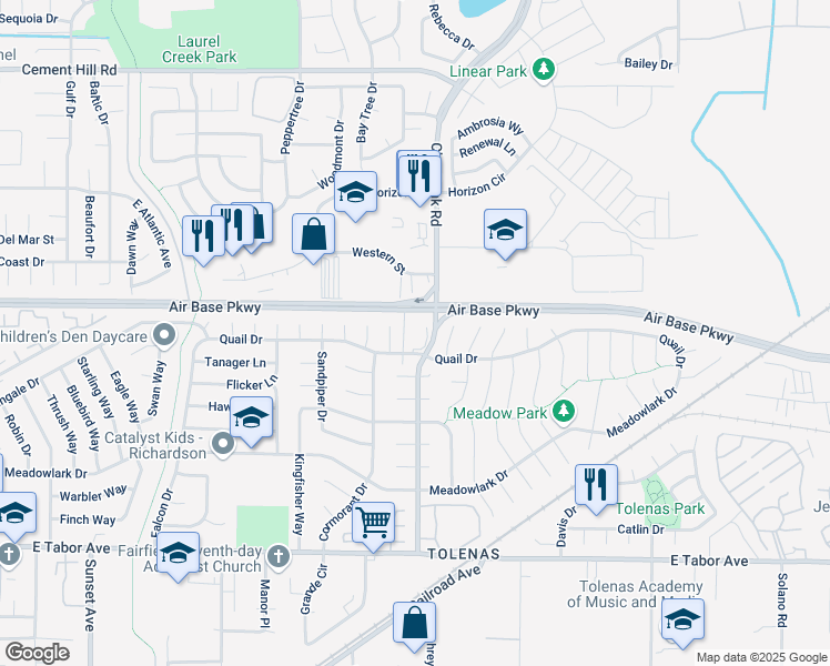 map of restaurants, bars, coffee shops, grocery stores, and more near 1250 Clay Bank Road in Fairfield