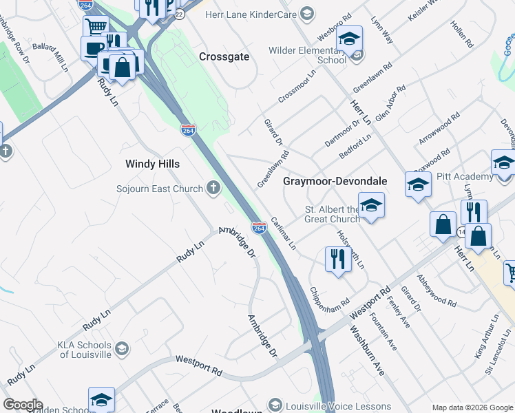 map of restaurants, bars, coffee shops, grocery stores, and more near 1415 Carlimar Lane in Louisville