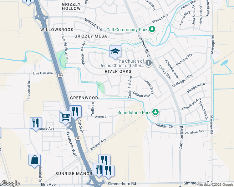 map of restaurants, bars, coffee shops, grocery stores, and more near 680 Canyon Creek Way in Galt