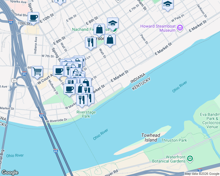 map of restaurants, bars, coffee shops, grocery stores, and more near 406 East Market Street in Jeffersonville