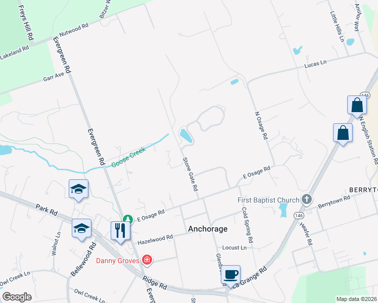map of restaurants, bars, coffee shops, grocery stores, and more near 1905 Stone Gate Road in Louisville