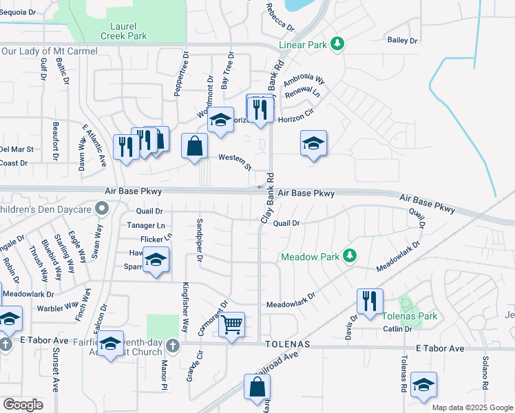 map of restaurants, bars, coffee shops, grocery stores, and more near 1250 Clay Bank Road in Fairfield