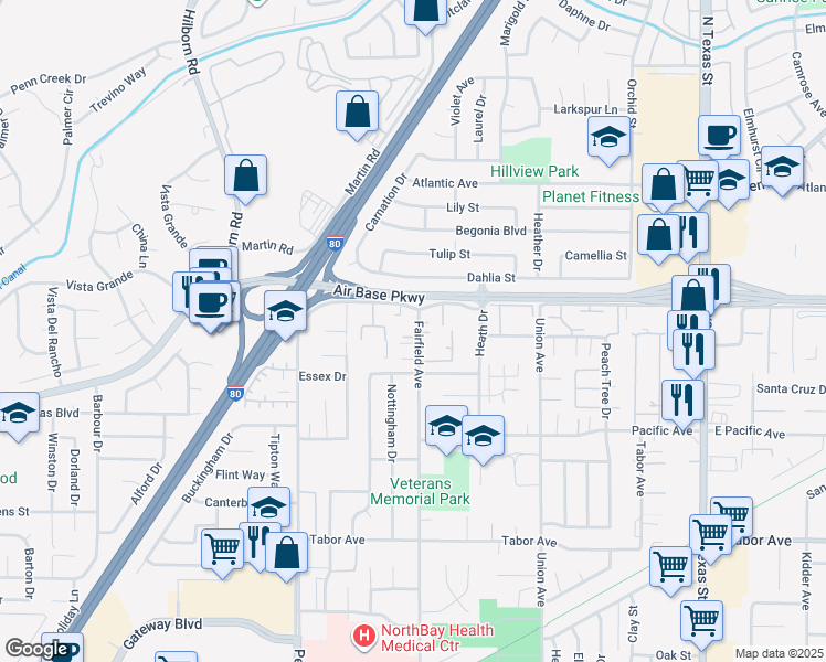 map of restaurants, bars, coffee shops, grocery stores, and more near 1077 Alaska Avenue in Fairfield