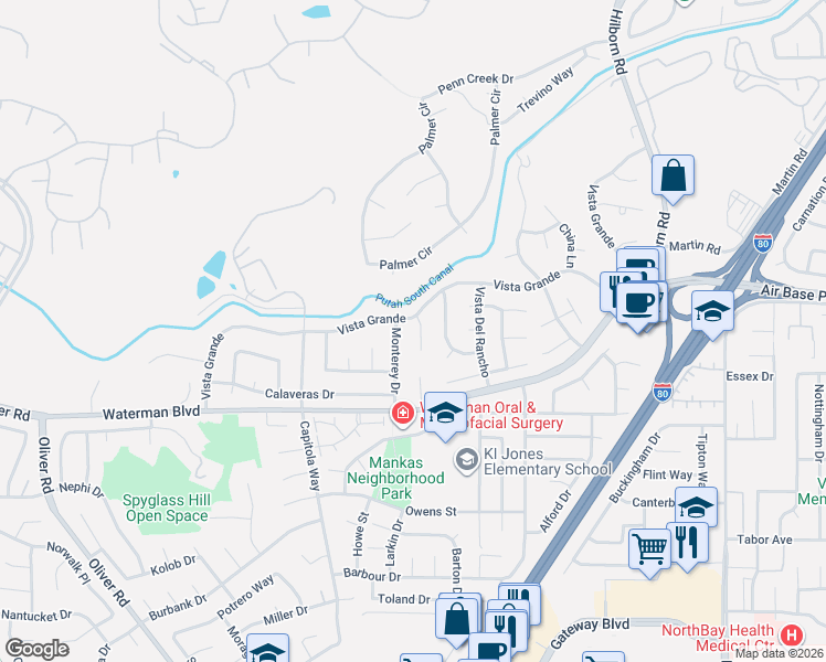 map of restaurants, bars, coffee shops, grocery stores, and more near 2792 Vista Grande in Fairfield