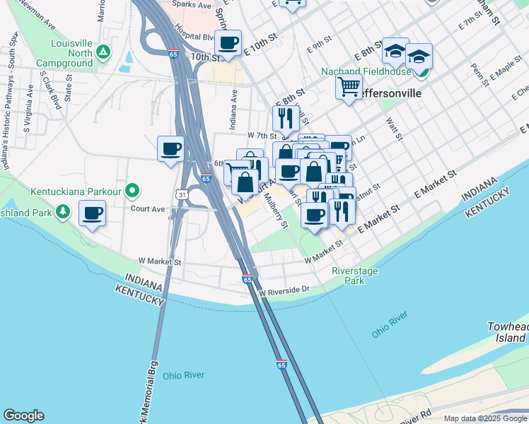 map of restaurants, bars, coffee shops, grocery stores, and more near 301 West Court Avenue in Jeffersonville