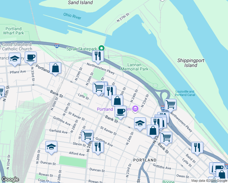 map of restaurants, bars, coffee shops, grocery stores, and more near 2531 Montgomery Street in Louisville
