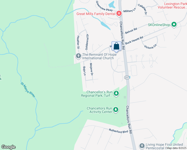 map of restaurants, bars, coffee shops, grocery stores, and more near 22010 Mojave Drive in Great Mills