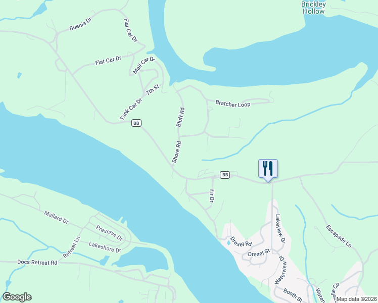 map of restaurants, bars, coffee shops, grocery stores, and more near Shore Road in Warsaw