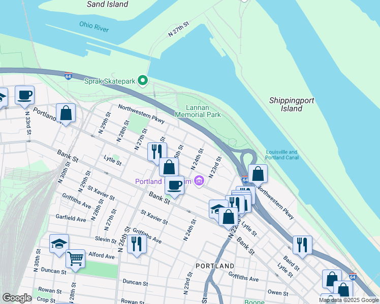 map of restaurants, bars, coffee shops, grocery stores, and more near 2408 Northwestern Parkway in Louisville