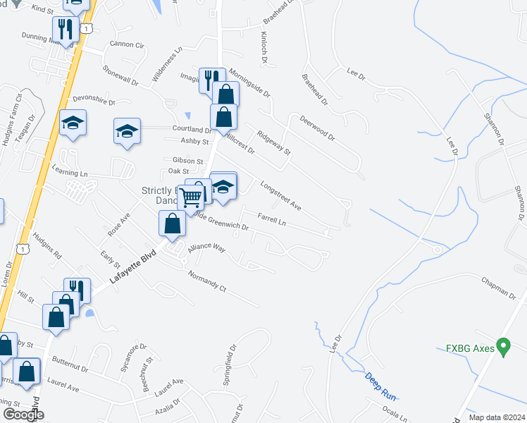 map of restaurants, bars, coffee shops, grocery stores, and more near 148 Farrell Lane in Fredericksburg