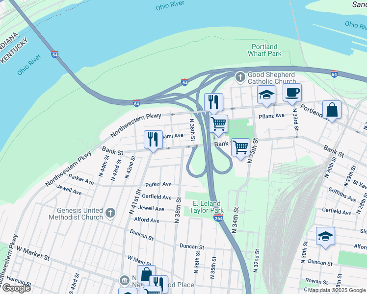 map of restaurants, bars, coffee shops, grocery stores, and more near Bank Street & North 38th Street in Louisville