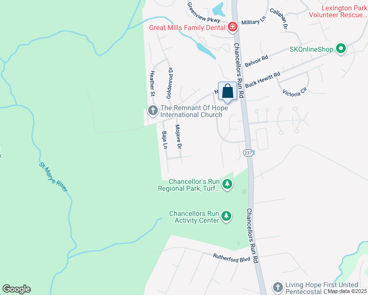 map of restaurants, bars, coffee shops, grocery stores, and more near 22010 Mojave Drive in Great Mills