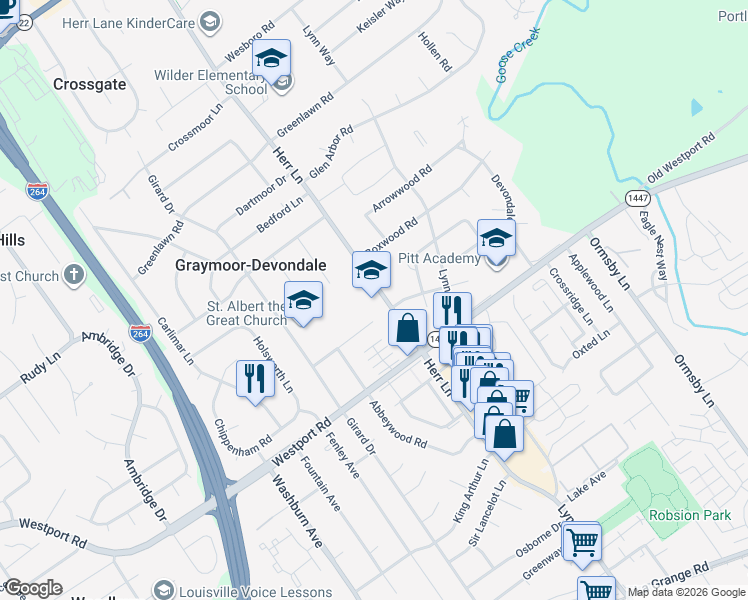 map of restaurants, bars, coffee shops, grocery stores, and more near 1504 Herr Lane in Louisville