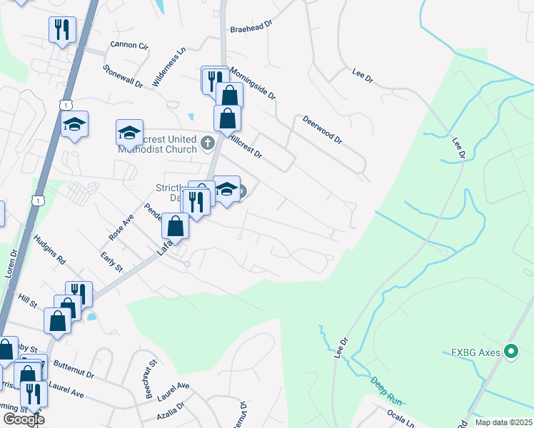 map of restaurants, bars, coffee shops, grocery stores, and more near 146 Farrell Lane in Fredericksburg