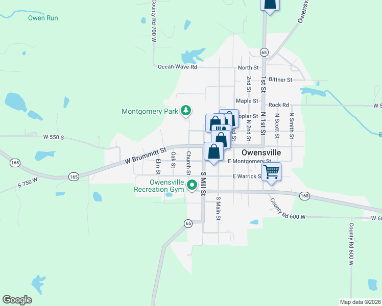map of restaurants, bars, coffee shops, grocery stores, and more near 202 Indiana 165 in Owensville