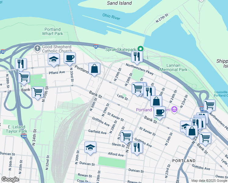 map of restaurants, bars, coffee shops, grocery stores, and more near 2916 Portland Avenue in Louisville