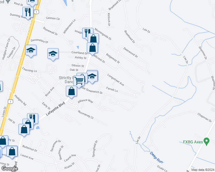 map of restaurants, bars, coffee shops, grocery stores, and more near 144 Farrell Lane in Fredericksburg