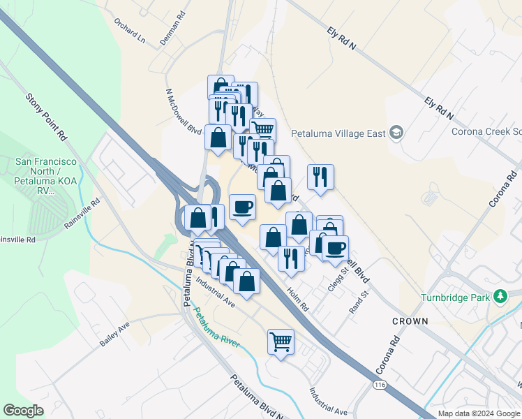 map of restaurants, bars, coffee shops, grocery stores, and more near 1363 North McDowell Boulevard in Petaluma