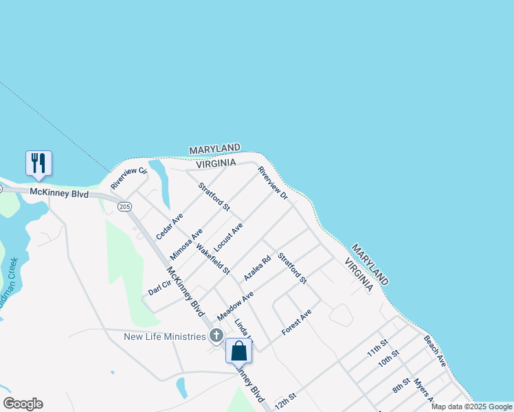 map of restaurants, bars, coffee shops, grocery stores, and more near 7 Locust Avenue in Colonial Beach