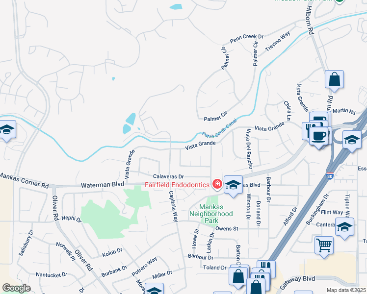 map of restaurants, bars, coffee shops, grocery stores, and more near 2866 Vista Grande in Fairfield