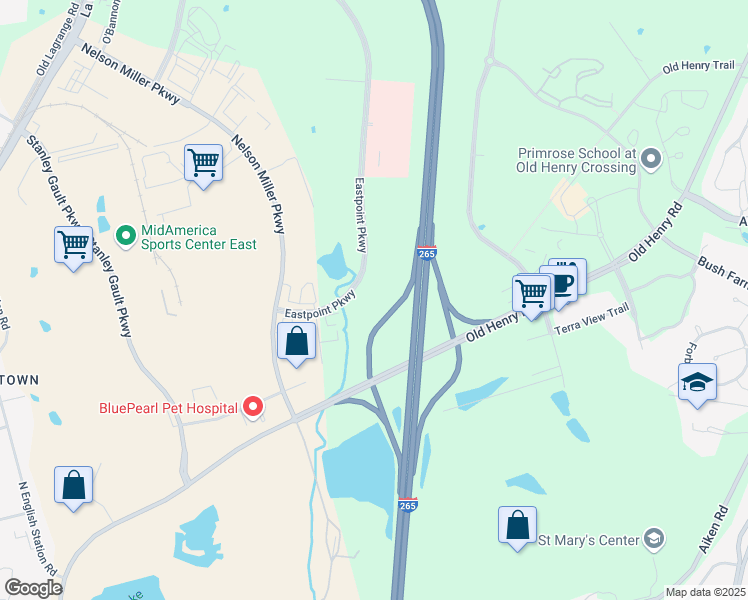 map of restaurants, bars, coffee shops, grocery stores, and more near 1700 Eastpoint Parkway in Louisville