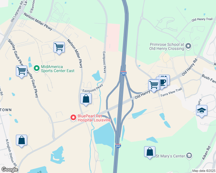 map of restaurants, bars, coffee shops, grocery stores, and more near 1700 Eastpoint Parkway in Louisville