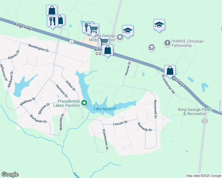 map of restaurants, bars, coffee shops, grocery stores, and more near 8276 Hoover Drive in King George