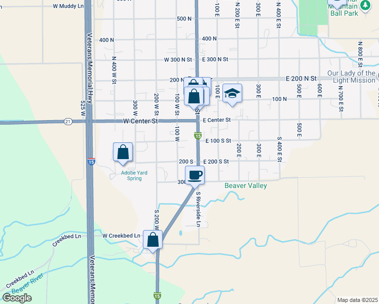 map of restaurants, bars, coffee shops, grocery stores, and more near 150 North Main Street in Beaver