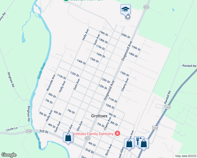 map of restaurants, bars, coffee shops, grocery stores, and more near 1203 Elm Avenue in Grottoes
