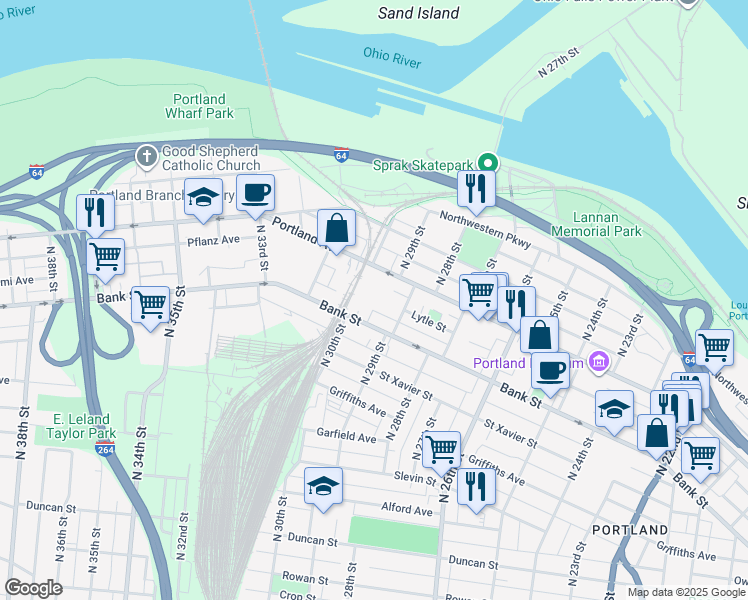 map of restaurants, bars, coffee shops, grocery stores, and more near 2927 Bank Street in Louisville
