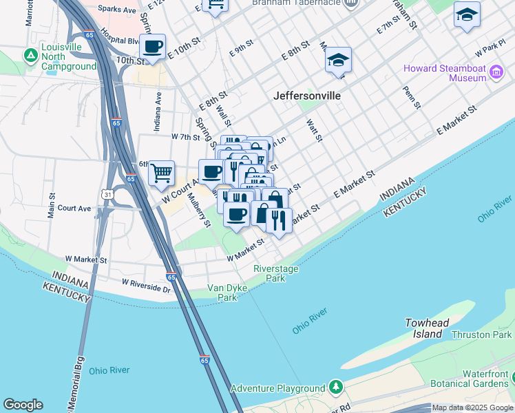 map of restaurants, bars, coffee shops, grocery stores, and more near 123 East Chestnut Street in Jeffersonville