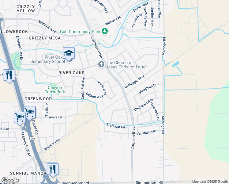 map of restaurants, bars, coffee shops, grocery stores, and more near 667 Trammel Way in Galt