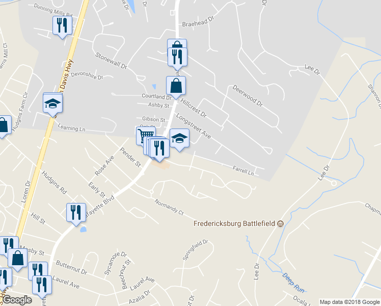 map of restaurants, bars, coffee shops, grocery stores, and more near 120 Farrell Lane in Fredericksburg