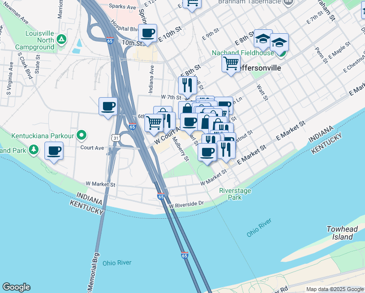 map of restaurants, bars, coffee shops, grocery stores, and more near 401 Pearl Street in Jeffersonville
